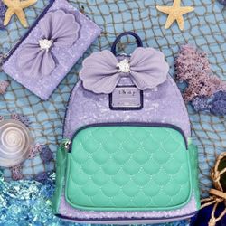 Princess Ariel LoungeFly Sequin Mini Backpack & Flap Wallet *BRAND NEW MINT* Disney Little Mermaid Funko Bag Satchel Purse Coin
