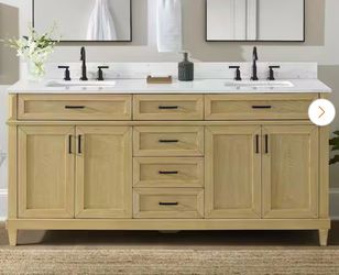 Talmore 72 in. Double Sink Freestanding Light Oak Bathroom Vanity with White Engineered Marble Top (Assembled)