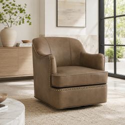 Genuine Leather 360° Swivel Accent Chair – Brown / Taupe