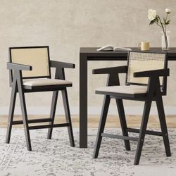Set of 2- Black Rattan Barstool