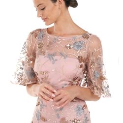 JS Collections Daphne Flutter Sleeve Blush Multi Color Shesth Column Gown Sz 12