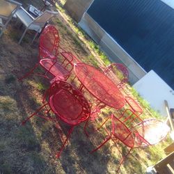 Red Patio Set 1lg Table, 2small tables, 4 Chairs