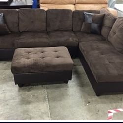 Brown Microfiber Sectional Couch And Ottoman