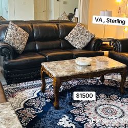 Black Leather Sofa Set – 3 Piece Living Room Set with Marble Coffee Table – Excellent Condition