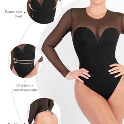 Shapewear Illusion Mesh Long Sleeve Tummy Control Bodysuit