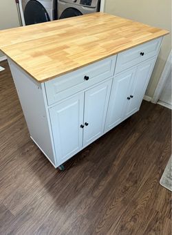 Rolling Mobile Kitchen Island Table on Wheels with Storage Cabinet, Drawer, Spice/Towel Rack, White