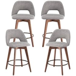 Swivel Farmhouse Bar Stools Set of 4, 26" Modern Counter Stools with Open Back & Weathered Wood Legs, Upholstered Linen Fabric Counter Height Barstool