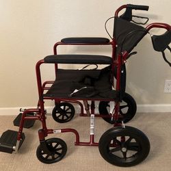 New! Lightweight Foldable Transport Wheelchair with Handbrakes and 12-Inch Wheels, Red Frame, Black Upholstery 