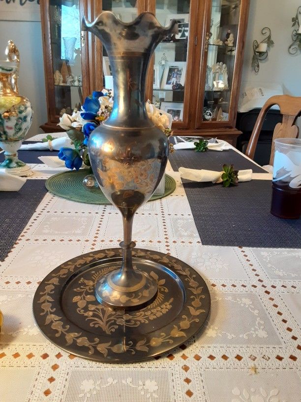 VERY UNIQUE LOOKING VINTAGE  Solid BRASS Vase And Plate From India  14INCHES TALL 