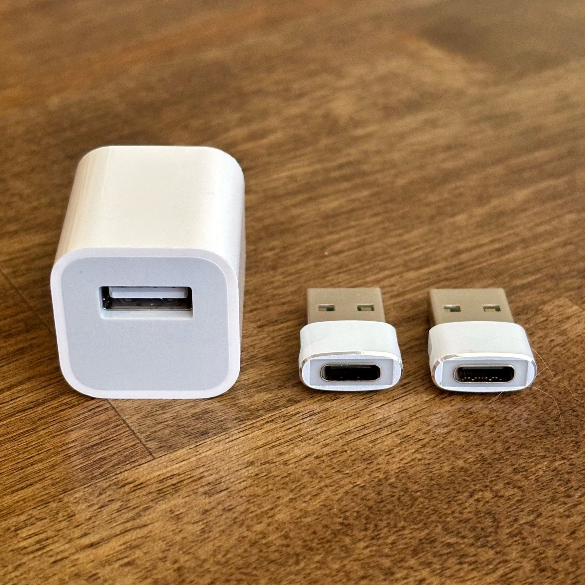 Apple A1385 5W USB-A Cube Wall Charger + Two 3rd-Party USB-A to USB-C Adapters