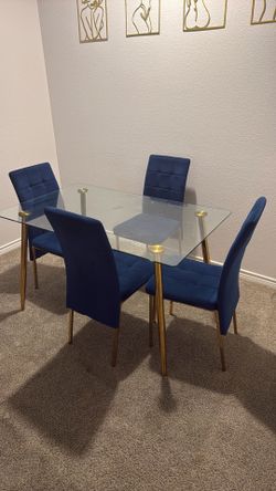 Glass dining table w/4 royal blue chairs