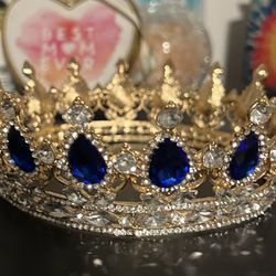 Metal Crown Gold With Royal Blue And Clear Crystals 