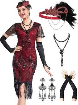 NEW Size Small S Women Halloween Costume 1920s Dresses Great Gatsby Dresses Roaring 20s Sheer Beaded Sleeves Costume with accessories