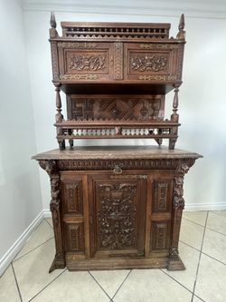 Carved Vintage Antique Wood Spanish Gothic Armoire Cabinet 