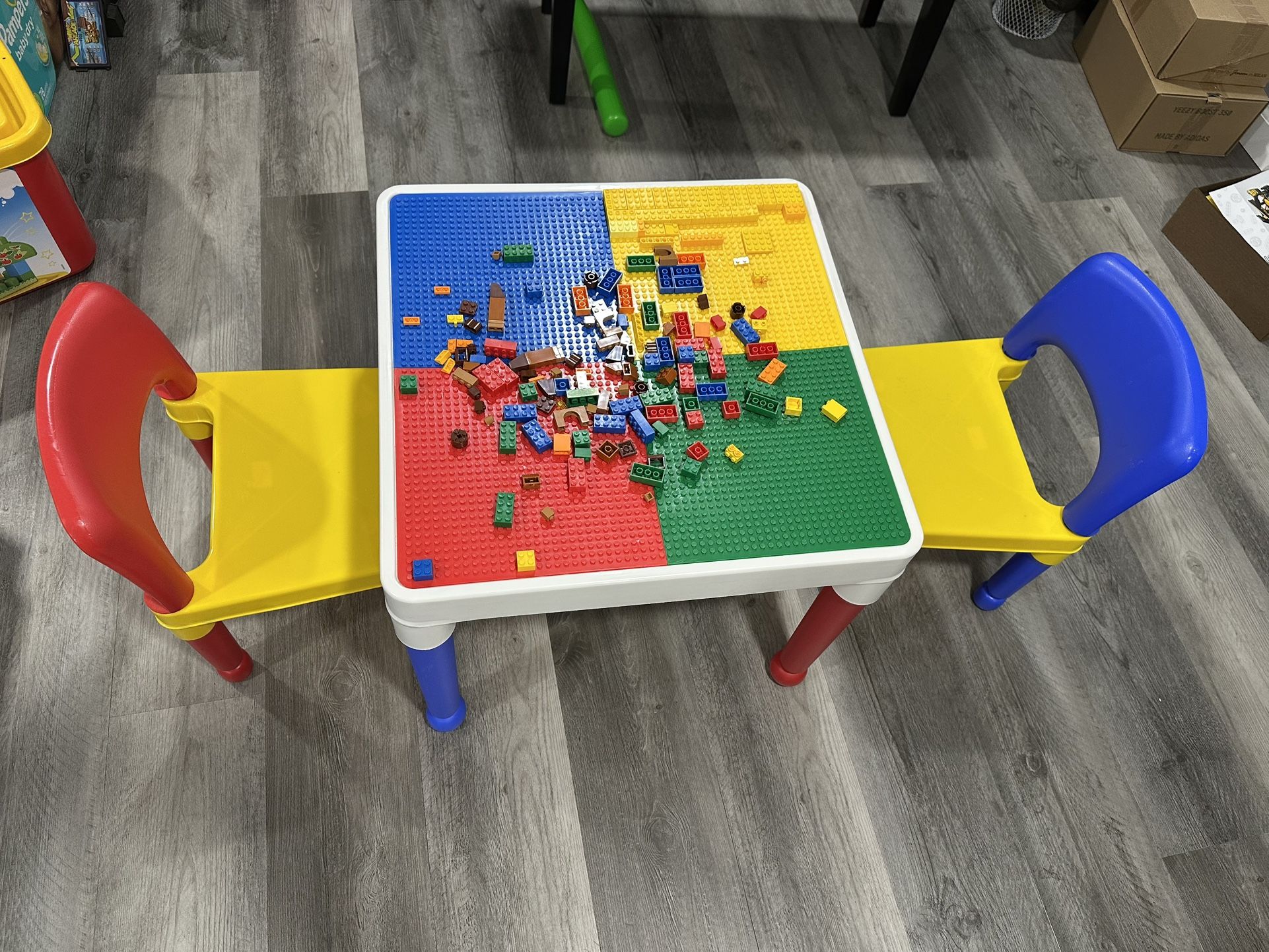 Humble Crew Kids Activity Table and 2 Chairs Set, White/Blue/Red - 2-in-1 Toddler Play Table Building Blocks Compatible - Premium Children’s Table and