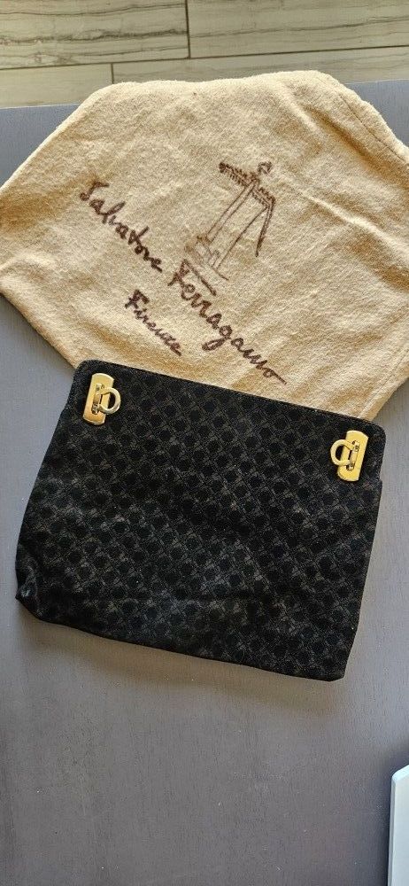 Vintage 1980s Salvatore Ferragamo Monogramed Suede Clutch Bag-Italy