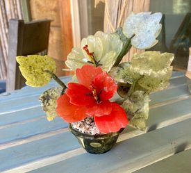 Vintage Chinese jade bonsai tree with red & celadon flowers