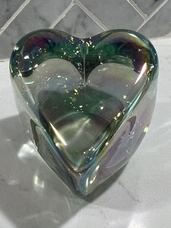 Designer Hand Blown Glass Art.  OBG.  Clear Heart Paperweight 