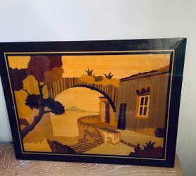 Vintage-mid 20th century 1960-1970-wood marquetry-made in Italy-coastal scenery