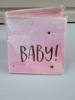NEW Oh Baby! 9 3/4" 16 Count (12 Packs $2 Each) Paper Beverage Napkins Metallic Pink Gold Girl Baby Shower Gender Reveal Party