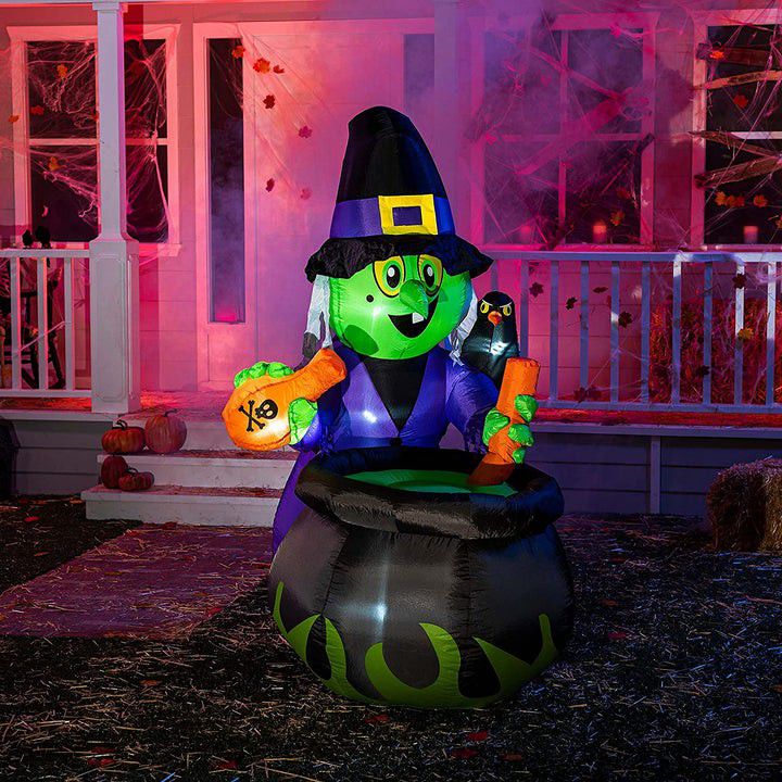 Spooky The Kids Will Love This 6ft X 6ft  Tall Witch With Oversized Cauldron Halloween Inflatable 