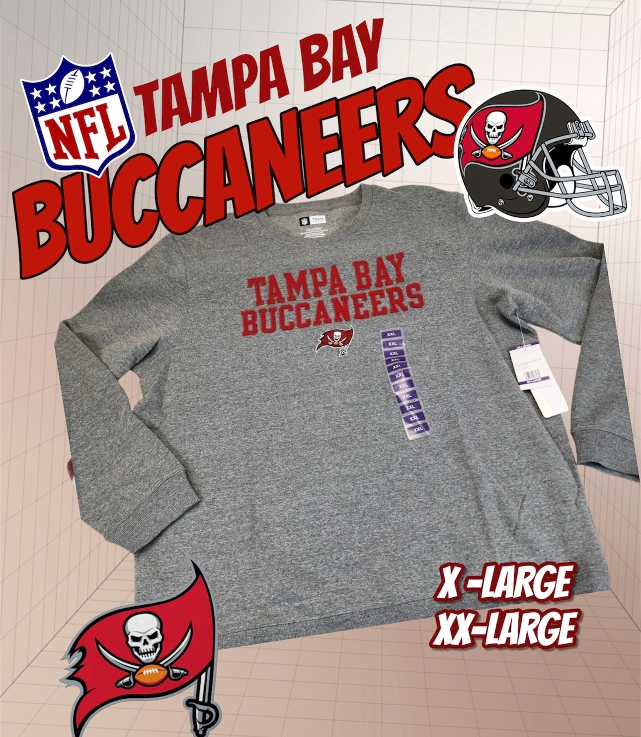 NFL Tampa Bay Buccaneers Embroidered Sweatshirt, (Red & Gray) Sizes XL or XXL