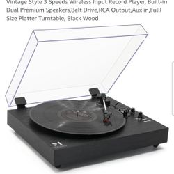 New Vintage Style 3 Speeds Wireless Input Record Player, Built-in Dual Premium Speakers,Belt Drive,RCA Output,Aux in,Fulll Size Platter Turntable