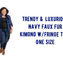 Navy Faux Fur Kimono strings Trim, one size, NWT...Now $14!!