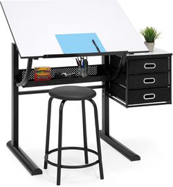 Comfortable Drafting Craft Art Folding Table with Stool, Adjustable, Black/White