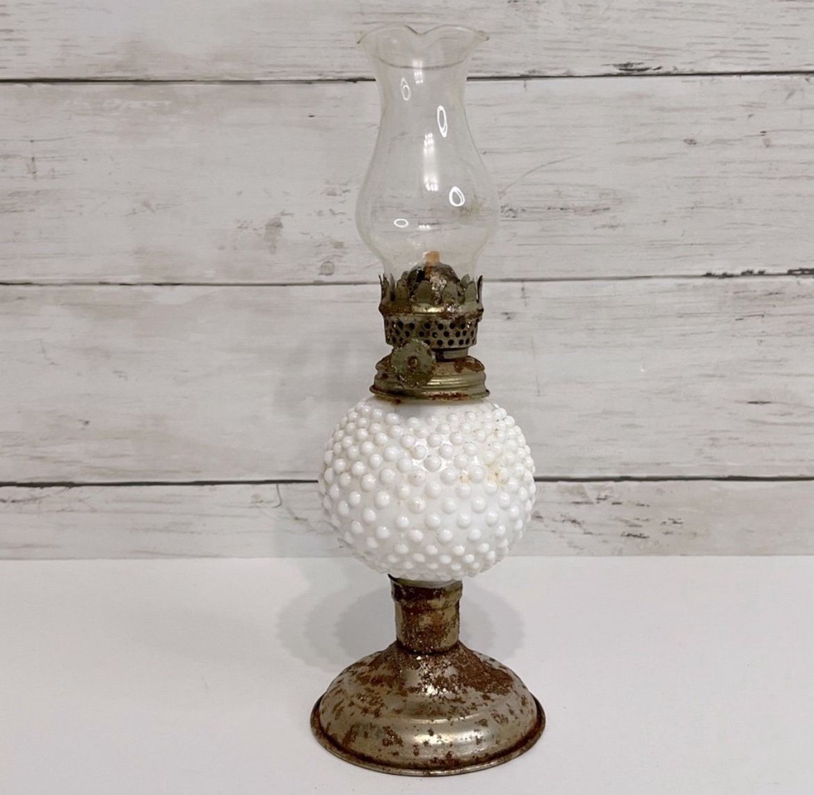 Antique 8” Hobnail Milk Glass Oil Hurricane Lamp PRICE FIRM