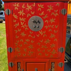 Vintage Style Chinese Cabinet Desk Armoire Office W Secret Desk Chair Red Asian Cabinet 