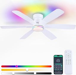 Kviflon 52" Modern Ceiling Fans with RGB Lights Remote/APP Control, Low Profile Flush Mount Ceiling Fan