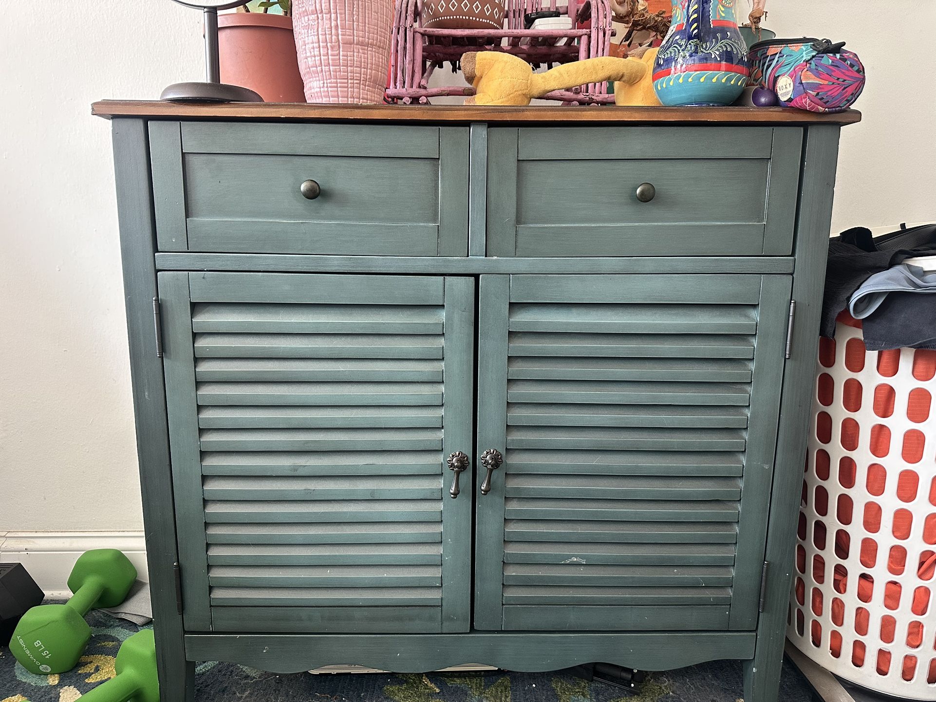 Vintage-Style Teal Storage Cabinet with Shutter Doors