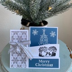 HAND CRAFTED Holiday Card Silhouette Ice Skaters 3D Art Blue White Silver Black