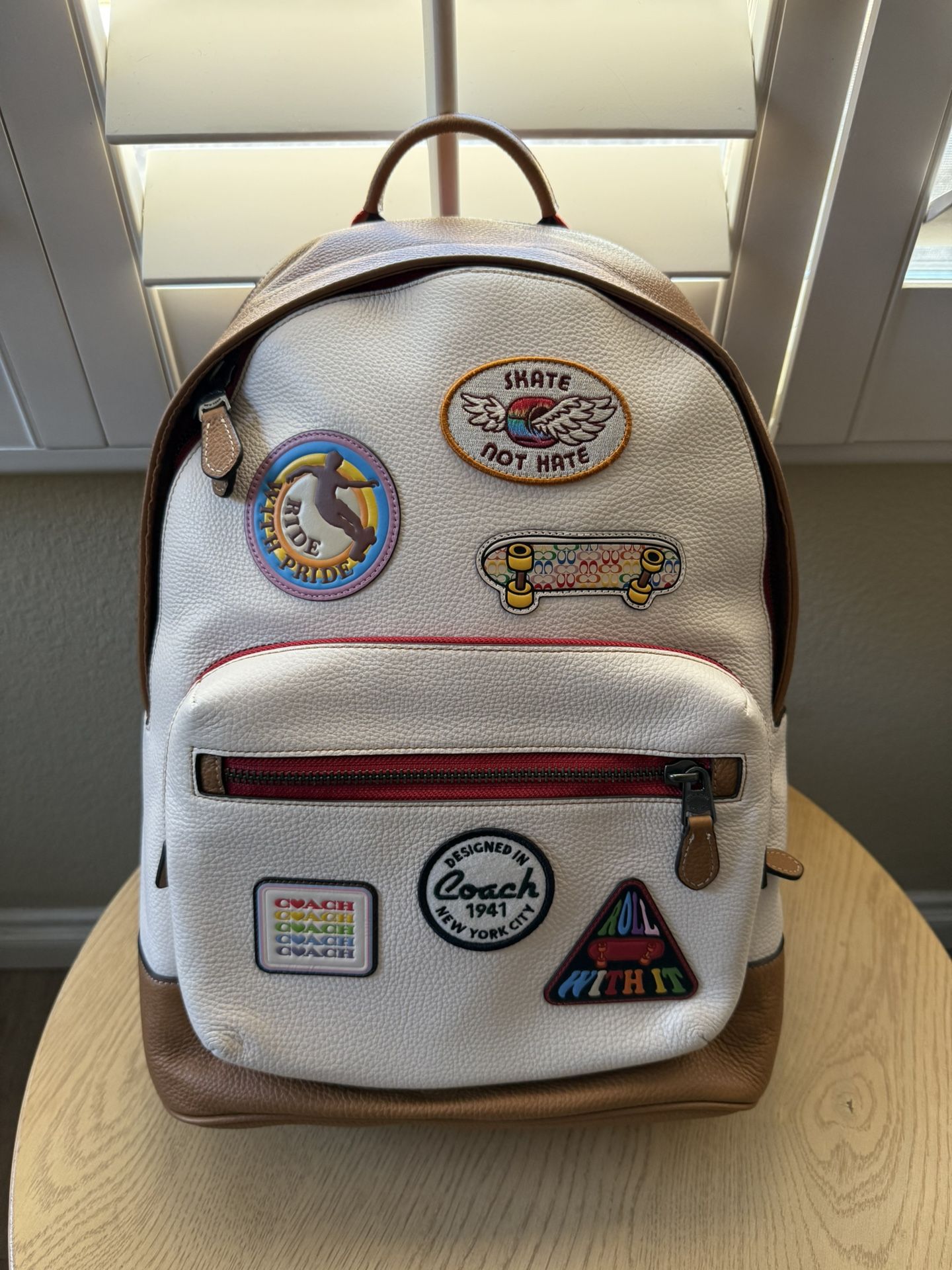 COACH West Men's Leather Backpack, QB/Chalk Multi With Patches - Chalk multi with patches - rainbow - Pride, L. NWT