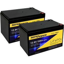 2 Pack 12V 15Ah LiFePO4 Deep Cycle Battery, 2000+ Cycles Rechargeable Battery for Scooter, Lighting, Power Wheels, Fish Finder and More with Built-in 