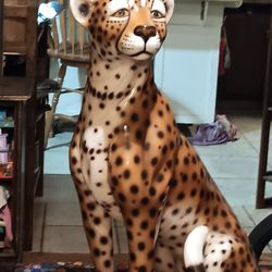 1960's Vintage Large Italian Ceramic Leopard Mother And Cubs Set. Majolica