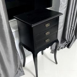 Antique Wooden End Table with Three Drawers, Black