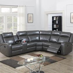 Brand New Grey Leather Power Reclining Sectional Sofa 