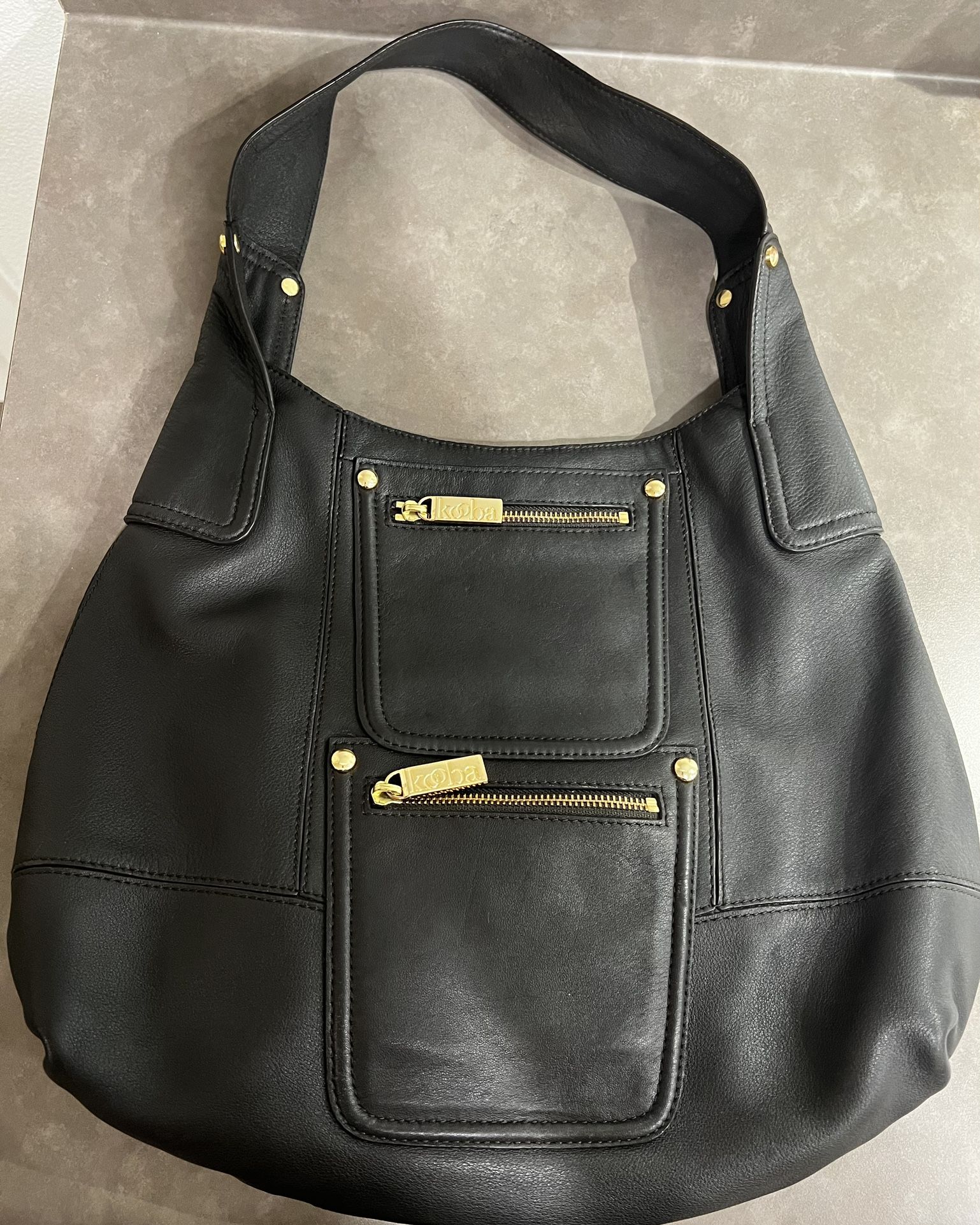 KOOBA Leather Hobo Large Shoulder Bag Purse Black Gold Hardware Zipper Pockets Looks New