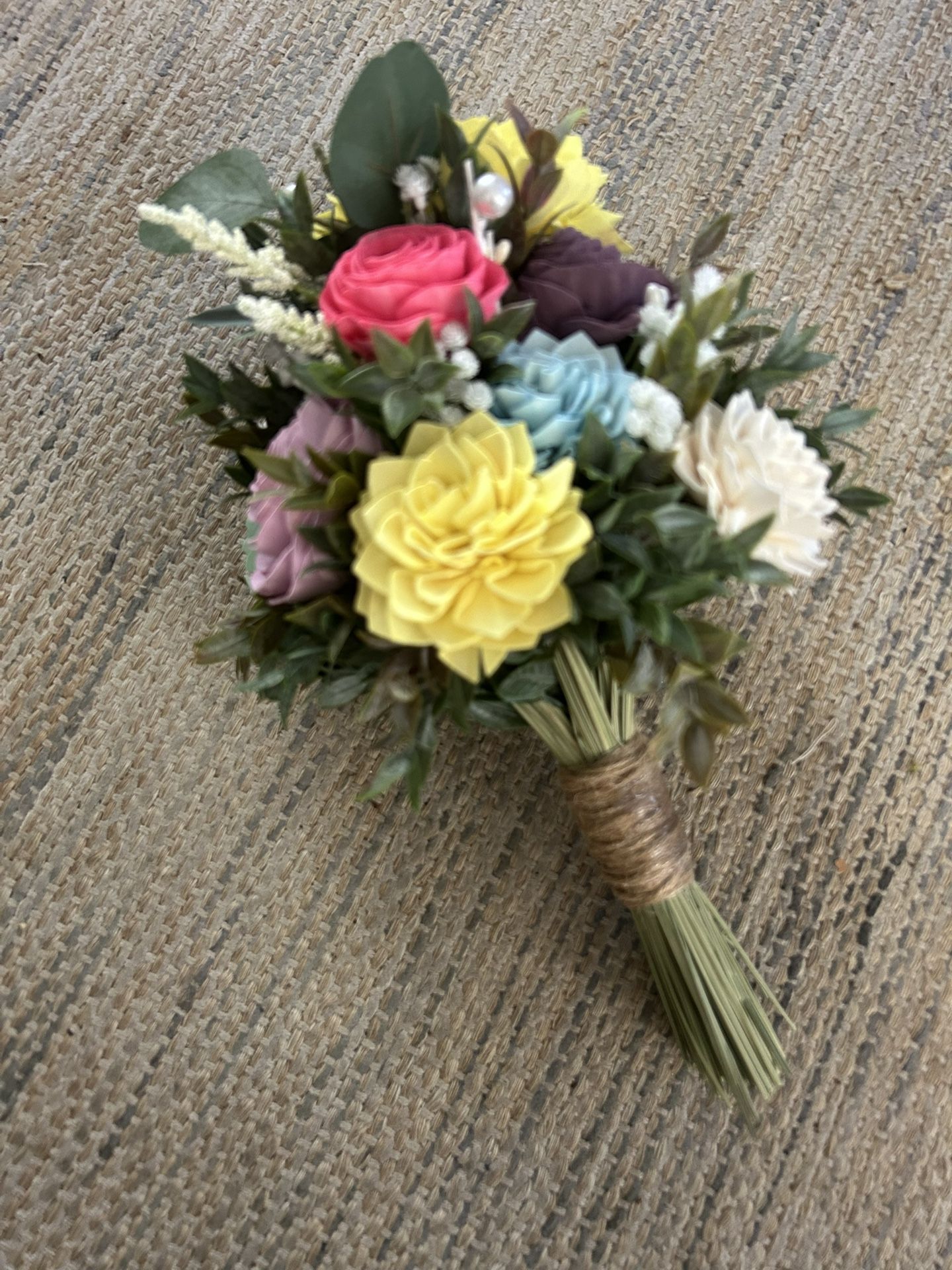 Wedding Floral bouquet, approximately 15” tall. Multi color foam flowers with pearl accents.