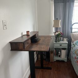 Electric Standing Desk (Like New) — Rustic Wood Top + Monitor Riser & Drawers
