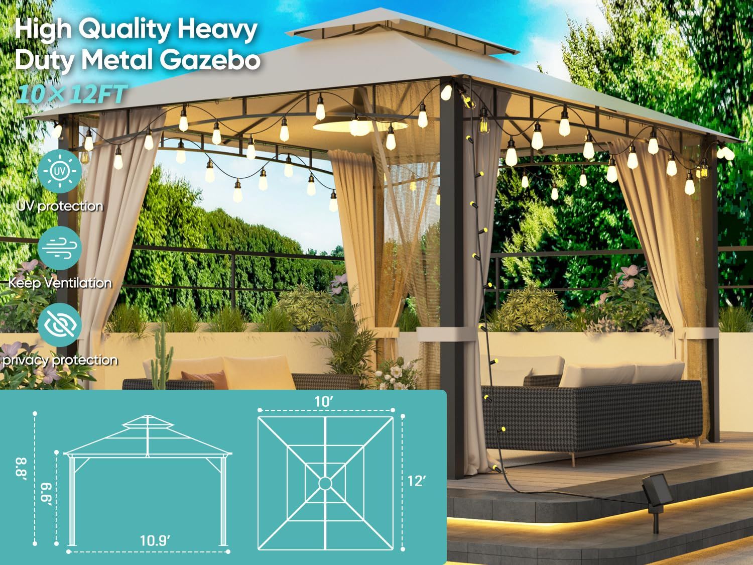 10x12 Softtop Metal Grill Gazebo with Mosquito Net&Sunshade Curtains,Heavy Duty Double Roof Canopy,Galvanized Steel Design Outdoor Tent,Suitable for G