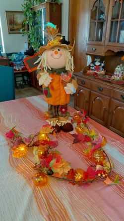 Fall Scarecrow Figurine with Light-Up Garland