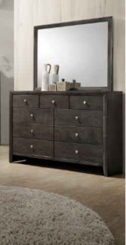 GREY RUSTIC FINISH 9 DRAWER DRESSER WITH MIRROR NEW IN BOX (55”X17”X38”H)