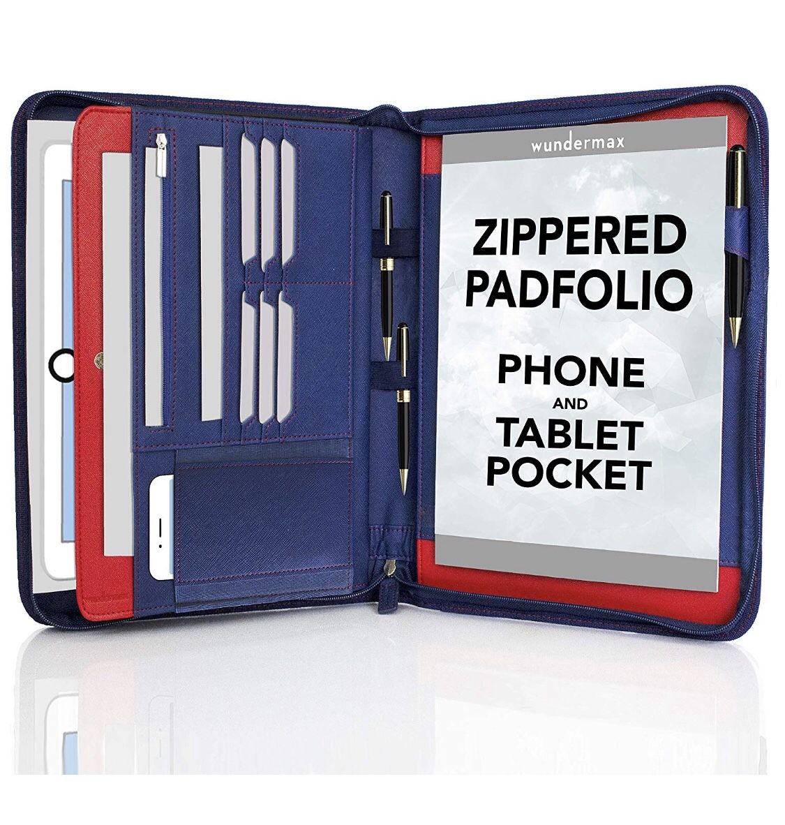 Wundermax Portfolio Padfolio/Leather Portfolio Zippered Closure - Bonus Bookmarks & Writing Pad - Tablet Sleeve - Professional Business Gift (Blue) N