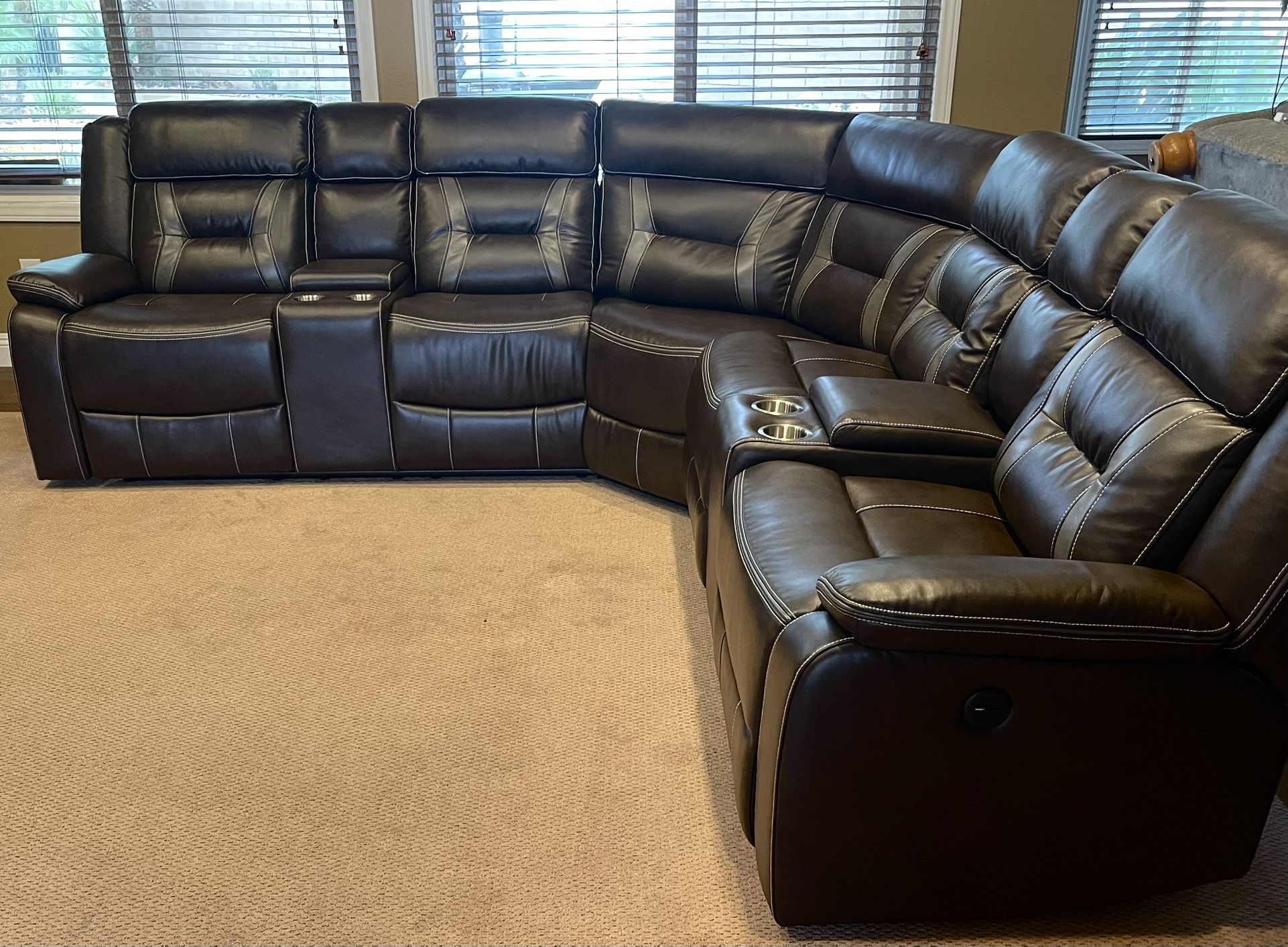 Brown Leather Sectional Sofa With Reclining seats +2 Consoles