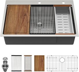 T214-33 Inch Drop in Kitchen Sink 33x22 Kitchen Sinks Stainless Steel Drop In Topmount 16 Gauge Ledge Workstation Single Bowl Sink