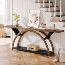 70.87 in. W Walnut and Black Console Tables, Rectangle Wooden Console Table with Half Moon Frame.