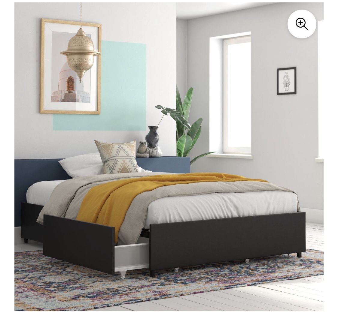 RealRooms Alden Platform Bed With Storage Drawers Queen, Black Faux Leather 